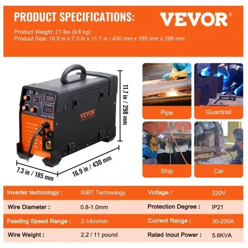 VEVOR MIG/MMA/LIFT TIG 3 in 1 Schweißgerät 30-200 A Fülldrahtschweißen( 0,8 mm & 1 mm) IGBT-Technologie 2,2-12 m/min Drahtgeschwindigkeit 200 A bei – Bild 6