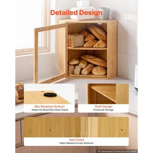 VEVOR Eck-Brotkasten 2 Ebenen Acrylfenster Brotbox 321x321x427mm Bambusholz Ideal für Bagels, Muffins & Selbstgebackenes Brot, Magnetverschluss & 3-Stufig Höhenverstellbarer Einlegeboden, Belüftet – Bild 3