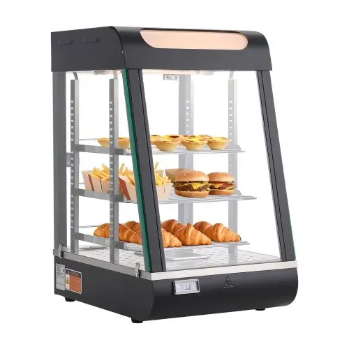 VEVOR 3-stöckige Wärmetheke 57 L, Warmhaltevitrine 800 W, Warmhaltetheke 30–85 °C, Speisenwärmer mit LED-Beleuchtung & Verstellbaren Ablagen, Speisevitrine für Hamburger Pizza Brot Brathähnchen – Bild 9