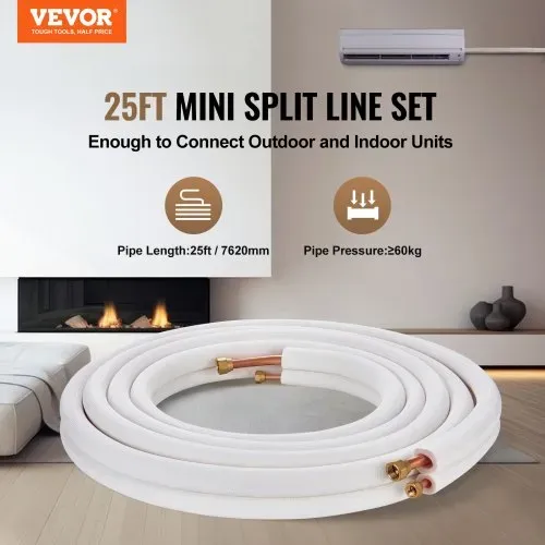 VEVOR 25FT Mini-Split-Leitungsset, Kupferrohre mit 1/4 Zoll und 3/8 Zoll Außendurchmesser und dreischichtiger Isolierung, für Mini-Split-Klimaanlagen, Kältemittel- oder Wärmepumpengeräte und HVAC mit VEVOR 25FT Mini-Split-Leitungsset, Kupferrohre mit 1/4 Zoll und 3/8 Zoll Außendurchmesser und dreischichtiger Isolierung, für Mini-Split-Klimaanlagen, Kältemittel- oder Wärmepumpengeräte und HVAC mit