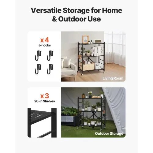 VEVOR 3 Etagen, Klappbare Regale mit Rädern, 33x71x91 cm, Faltbares Schwerlastregal, montagefreies Standregal, Haushaltsregal, Küchenregal, Metallregal für Garage, Küche, Keller, schwarz – Bild 5