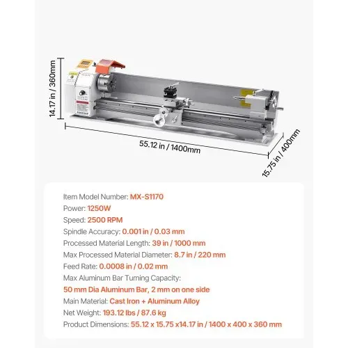 VEVOR Metalldrehmaschine 220x1000 mm Drehmaschine Automatischer Vorschub 2500 U/min Drehzahl 1250 W Bürstenloser Motor, mit Zubehör, Tischdrehmaschine für die Bearbeitung von Präzisionsteilen – Bild 6