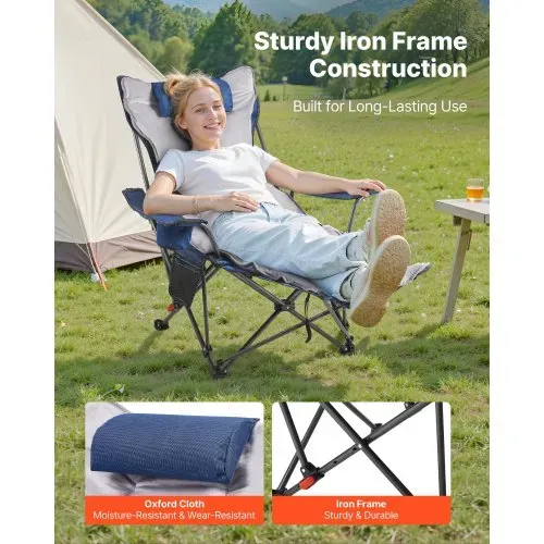 VEVOR Campingstuhl faltbar, Liegestuhl mit 4 verstellbaren Positionen, Relaxsessel Liege mit Getränkehalter, Strandstuhl mit Kopfstütze & Fußstütze, trägt 100 kg, für Outdoor Camping, blau – Bild 2