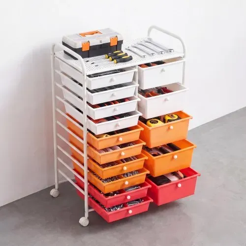 VEVOR Rollwagen mit 15 Schubladen Doppelreihe 630x385x965mm Farbverlauf Rot, Metallgestell, Ablagefläche, Handgriffe, Lenkrolle mit 2 Bremsen, Mobiler Schubladenwagen für Büro Werkstatt Bastelzimmer – Bild 7