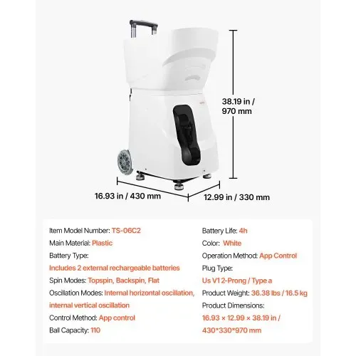 VEVOR Tennisballmaschine Max. 121 km/h Tischballwerfer 110 Ballkapazität, mit Spin-Steuerung, App-Steuerung, 2 Trainingsmodi, 4 Stunden Akkulaufzeit, Ausziehbarem Griff, Rollen und Kunststoffgehäuse – Bild 6