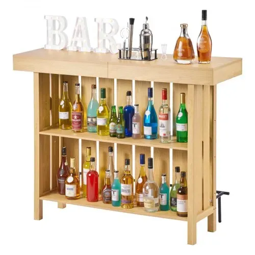 VEVOR Hausbar mit 3 Ebenen, Bartresen aus Holzwerkstoff mit Fußstütze & Flaschenöffner-Halter, Moderne Bartheke mit viel Stauraum für Wohnzimmer & Keller, Belastbar bis 81,6 kg, 1400 x 398 x 1055 mm – Bild 8