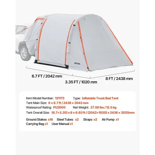 VEVOR Aufblasbares Heckklappenzelt Autozelt (2042+1020) x 2438 x 2020 mm, Wasserdichtes (PU2000 mm) Campingzelt mit Belüfteten Türen & Moskitonetzen, SUV-Heckzelt für Camping Wandern, inkl. Luftpumpe – Bild 6
