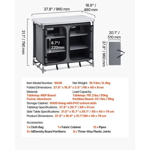 VEVOR Klappbare Campingküche, Tragbarer Campingschrank mit 6 Ablagefächern, Tragetasche & MDF-Tischplatte bis 50 kg Tragkraft, Küchenstation für Picknick, Grillen, Partys, Camping & Wohnmobilreisen – Bild 6