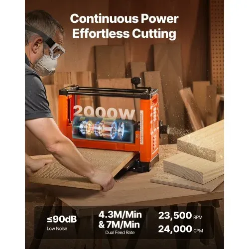 VEVOR Dickenhobel, 2 Gang, 330 mm breiter Arbeitstisch, Hobelmaschine, drei Klingen, 2000 W, 23500 U/min, leistungsstarker Motor, Doppelrollen, Überrollschutz, Holzbearbeitung für Hart- & Weichholz – Bild 3