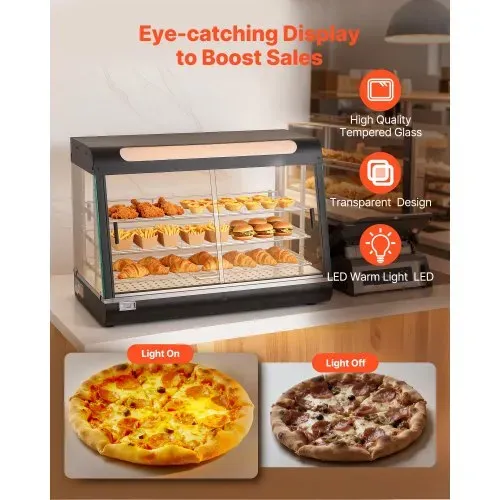 VEVOR 3-stöckige Wärmetheke 130 L, Warmhaltevitrine 1400 W, Warmhaltetheke 30–85 °C, Speisenwärmer mit LED-Beleuchtung & Verstellbaren Ablagen, Speisevitrine für Hamburger Pizza Brot Brathähnchen – Bild 3