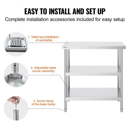 VEVOR Lebensmittel-Zubereitungstisch aus Edelstahl, 457 x 914 x 864 mm gewerblicher Küchenarbeitstisch, mit 2 verstellbaren Unterregalen, robuster Zubereitungstisch aus Metall für Grill, Küche – Bild 5