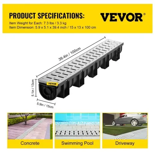 VEVOR Entwässerungsrinne-Set, 3er-Pack, Terrassenrinne, Edelstahl-Grabenentwässerungssystem 15 x 13 x 100 cm, mit 3 Endkappen, Steckverbindung, für Gartenablauf, Auffahrt, Pool, Gehweg – Bild 6