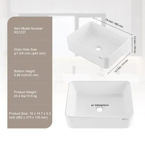 VEVOR Rechteckiges Aufsatzwaschbecken Waschbecken, 482 x 373 x 135 mm, Badezimmer-Aufsatzwaschbecken über der Theke, Keramikwaschbecken moderner Stil, für Toiletten, Hotels, Restaurants, helles Weiß – Bild 6