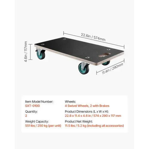 VEVOR Rollbrett, 250 kg Tragkraft, Möbeltransportwagen mit 4 geräuscharmen TPR-Rädern, rechteckiger Transportroller für Klavier, Möbel, Couch, Waschmaschine, Kühlschrank, 2er-Set, schwarz – Bild 6