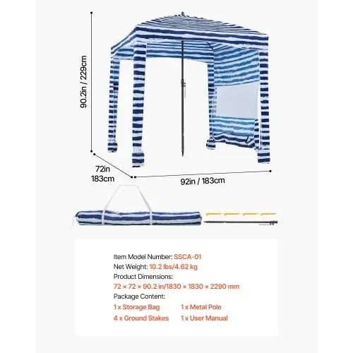 VEVOR Strand-Cabana, 183 x 183 cm Strandüberdachung mit Seitenwand, UPF 50+ Sonnenschutz, Strandpavillon mit Sandsäcken, tragbarer Sonnenschutz Sonnenschirm für Familie Freunde marineblaue Streifen – Bild 6