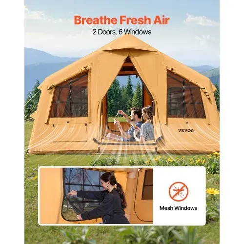 VEVOR Aufblasbares Zelt für Camping 8-12 Personen mit Handpumpe, 4,8x3,6x2,2 m Glamping-Zelt mit 2 Oberlichtern, Baldachin, Ofenanschluss, 2 Türen & Netzfenstern, Aufbewahrungstasche – Bild 5