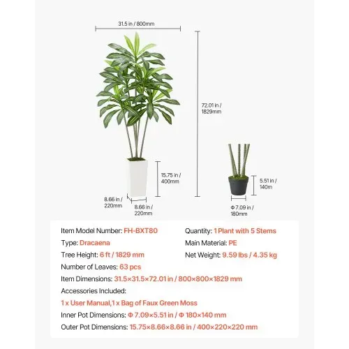 VEVOR Künstlicher Dracaena-Baum, 1,8 m, Drachenbaum, tropische Pflanzen mit weißem, hohem Pflanzgefäß, Kunstseidenpflanze im Topf, große Bäume für Veranden, Wohnzimmer, Terrassen Zuhause, Büro – Bild 6