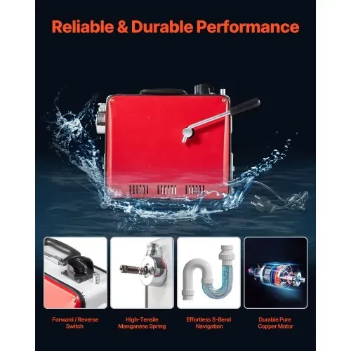 VEVOR Elektrische Rohrreinigungsmaschine, 500 W, 1400 U/min, Abflussreiniger, 20 m x 16 mm & 5 m x 9,5 mm Federkabel, 0,4 m x 16 mm flexible Feder & 8 Schneider, für Rohre mit 50–110 mm Durchmesser – Bild 4