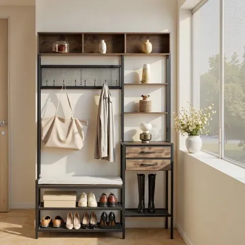 VEVOR Multifunktionale Flurgarderobe (120 x 40 x 180 cm) mit Schuhbank & 2 Schubladen, Garderobenständer mit Bücherablage & Metallgitter, Garderobe mit Stahlrahmen für Eingangsbereich Schlafzimmer – Bild 7