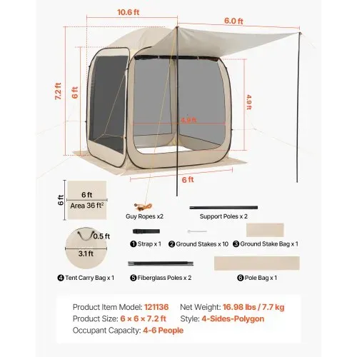 VEVOR Campingzelt, 182,88x182,88x219,4 cm, Pop-up-Zelt mit ausziehbarer Markise, tragbares Partyzelt für 4-6 Personen, inkl. Tragetasche & Seitenwänden, für Terrasse & Outdoor-Aktivitäten, Beige – Bild 6