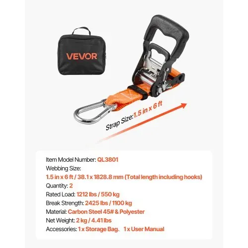 VEVOR Spanngurte, 38,1 x 1828,8 mm, Zurrgurte mit Karabinerhaken, 1100 kg Bruchlast, Tragetasche, Ratschenmechanismus für Umzüge, Anhänger, Motorräder, Kajaks, Autodächer, 2er-Pack – Bild 6