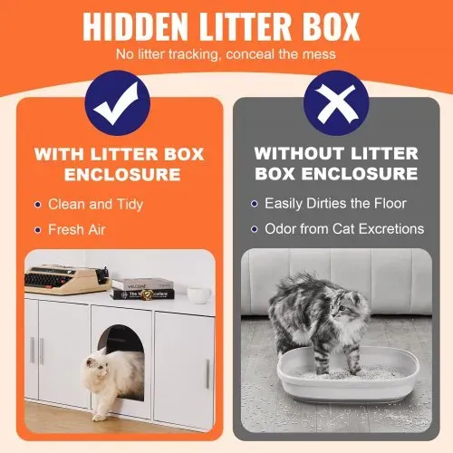 VEVOR Katzentoilettengehäuse für 2 Katzen, Katzentoilettenmöbel versteckt mit Doppelzimmern, Katzentoilettenschrank aus Holz passt in die meisten Katzentoiletten, 57,9"L x 18,3"B x 17,9"H, weiß – Bild 2