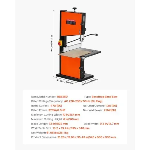 VEVOR Bandsäge, Schnittbreite 254 mm, Zweigang-Holzbandsäge mit 373-W-Motor (1/2 PS), Schnitthöhe 160 mm, 335x340 mm Gusseisentisch, mit 360°-Arbeitsleuchte, Gehrungsanschlag, Parallelanschlag – Bild 6