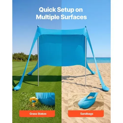 VEVOR Strandzelt mit Sonnenschutz (UPF 50+) 2,3 x 2,3 x 2 m Grundfläche, Strandmuschel mit Stützstangen & Sandschaufeln, Tragbares Sonnensegel für Familienausflüge Camping Angeln Blau – Bild 4