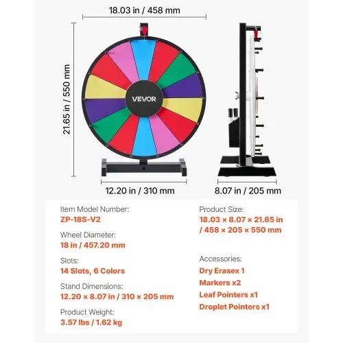 VEVOR Glücksrad Drehrad (457 mm) 14 Slots Glücksrad mit Ständer, Lotteriespiele Gewinn-Roulette mit Tafelschwamm und 2 Markern, 6 Farben, Spinning Prize Wheel ideal für Party Kneipe Messe – Bild 6