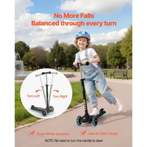 VEVOR Scooter (3 Räder) ab 3 Jahren, Cityroller Kinderroller mit leuchtenden Rädern & höhenverstellbarem Lenker & rutschfestem Deck & leichtem Aluminiumrahmen, Tretroller bis zu 75 kg, Schwarz – Bild 3