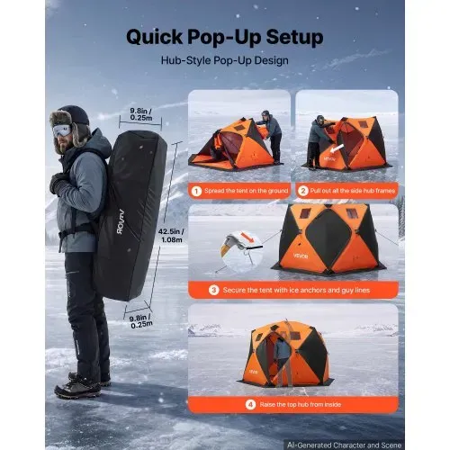 VEVOR Eisangelzelt Eisfischerzelt für 6-8 Personen 3,47x1,74x2,3 m Isoliert, fürs Winterangeln, 7,82 m² Fläche, 600D 4-Lagiges Gewebe, Tragbares Eisschutzzelt im Hub-Stil mit Ankern Seilen & Tragetasche – Bild 4