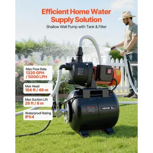VEVOR Hauswasserwerk 800 W, 5000 L/h Jetpumpe mit 19 L Druckbehälter, 49 m Förderhöhe, inkl. Automatischem Wasserfördersystem & Kunststoffpumpenkopf, zur Gartenbewässerung & Hauswasserversorgung VEVOR Hauswasserwerk 800 W, 5000 L/h Jetpumpe mit 19 L Druckbehälter, 49 m Förderhöhe, inkl. Automatischem Wasserfördersystem & Kunststoffpumpenkopf, zur Gartenbewässerung & Hauswasserversorgung