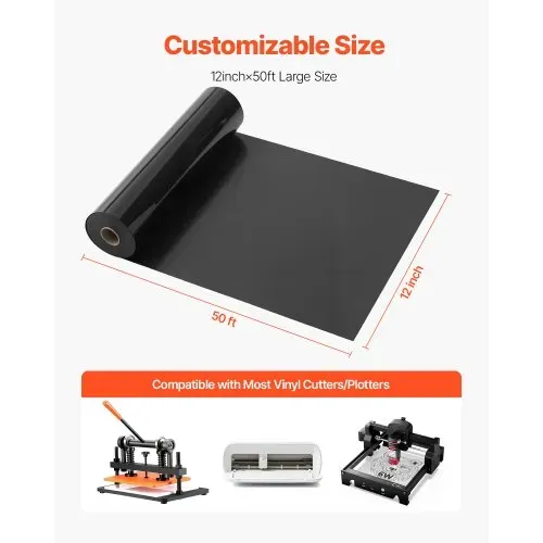 VEVOR Vinylfolie Wärmeübertragung Transferfolie (304,8 x 15240 mm), glänzend schwarze HTV-Bügelvinylrolle, kompatibel mit Schneidemaschinen, für verschiedene Materialien T-Shirts Kissen Hüte – Bild 5