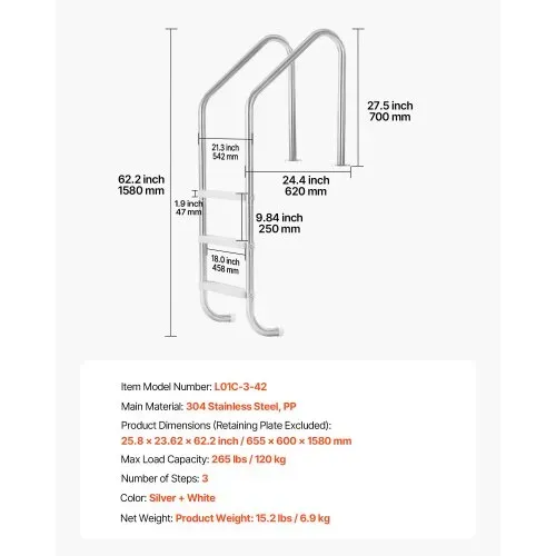 VEVOR Poolleiter Edelstahl 120 kg, 3-stufige Treppe mit Doppeltem Handlauf, Rutschfeste Stufen, Sicherheitsleiter für Ein- & Ausstiege von ca. 122 bis 137 cm Unterflur-Pool, 655x600x1580 mm – Bild 6