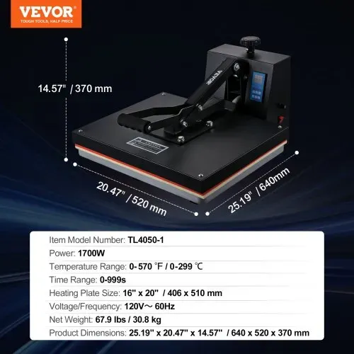 VEVOR Wärmepresse 1700 W Leistung, Wärmepresse, schnelles Aufheizen, Hochdruck-Wärmepresse für T-Shirts, digitaler industrieller Sublimationsdrucker für Wärmeübertragungsvinyl 40,6 x 51 cm – Bild 6