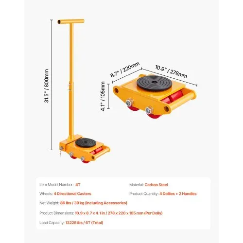 VEVOR Maschinenroller, 6T Möbelroller, 278 x 220 x 105 mm Möbelwagen, Maschinenroller mit 360° Drehkappe und PU-Richtungsrollen, Möbelwagen, Hochleistungs-Industrie-Bewegungsausrüstung, Gelb – Bild 6