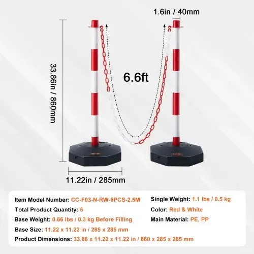 VEVOR Verkehrshütchen Verkehr Absperrpfosten 6 Stk. 285 x 285 mm Warnkegel Verkehrsleitkegel Warnleitkegel mit Kett, Leitpfostenkegel Straßensperrpfosten Rot & Weiß Wasser- und Sandeinspritzung – Bild 6