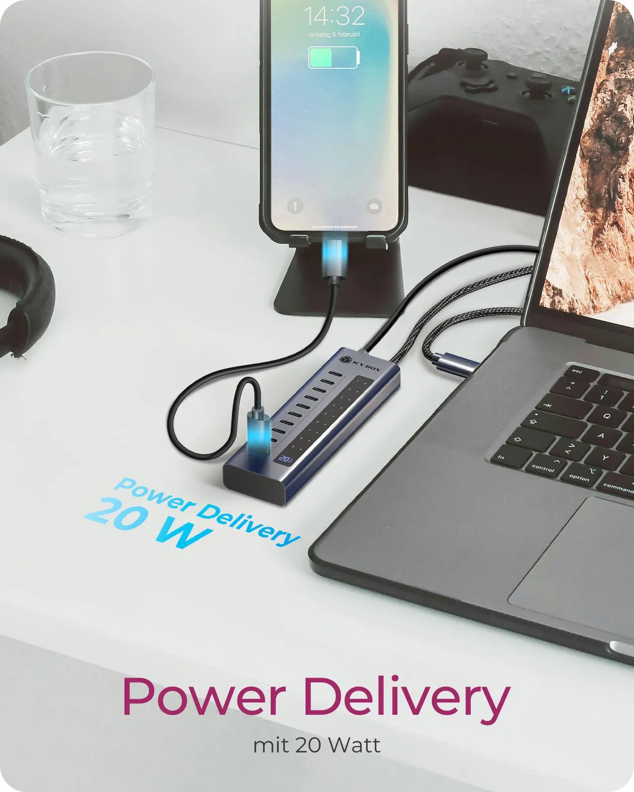 ICY BOX IB-HUB1450-C31, HUB mit 10x USB-C Ports, USB 3.2 Gen 2, 10 Gbit/s, mit 48W Netzteil, 1x PD 20W – Bild 4