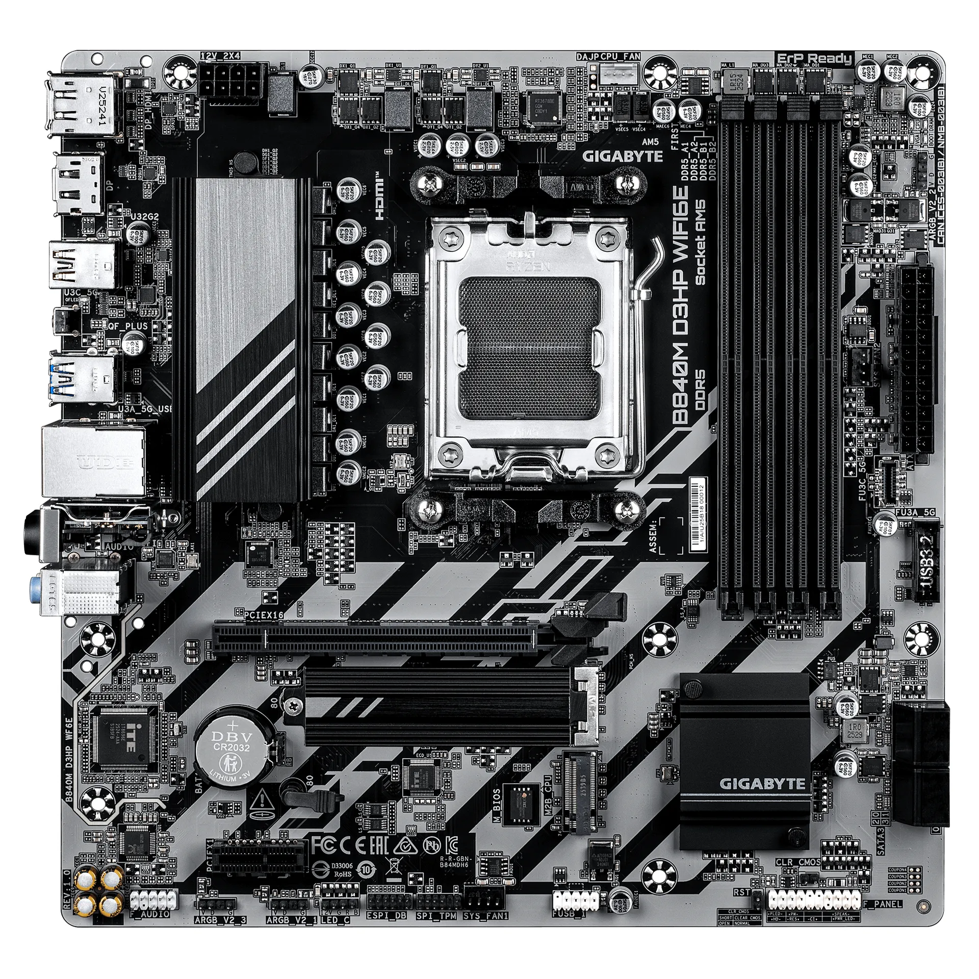 GIGABYTE B840M D3HP WIFI6E Mainboard – AMD Ryzen 9000 CPUs, 8+2+2-Phasen-VRM, bis zu 8200 MHz DDR5 (O.C.), 2× PCIe-4.0-M.2, Wi-Fi 6E, 1-GbE-LAN, USB 3.2 Gen 2 – Bild 2