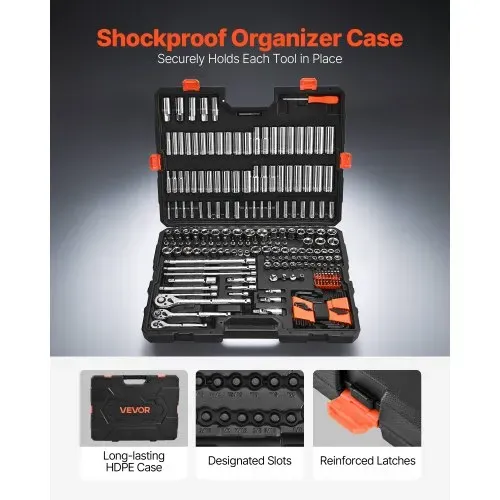 VEVOR Steckschlüsselsatz 225-tlg. 9,53/6,4/12,7 mm Antriebssteckschlüsselsatz Ratschensatz, SAE und metrisch, tief und flach, mit Bits Zubehör Tragkoffer, CR-V-Legierungsstahl, für Reparatur – Bild 4