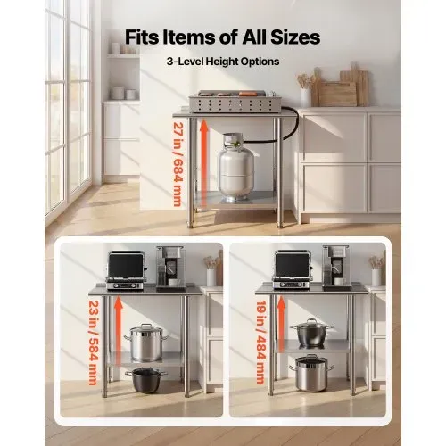VEVOR Edelstahltisch Gastro 915 x 610 x 894 mm, Verstellbarer Edelstahltisch mit Aufkantung,Arbeitstisch mit Grundboden für Restaurant Schwerlast Obere Ablage (227 kg) Untere Ablage (191 kg) – Bild 5