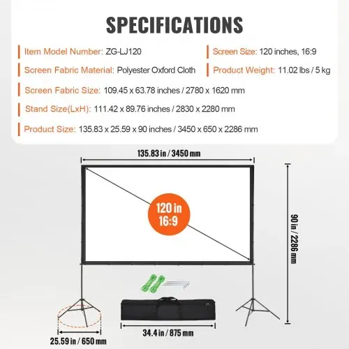 VEVOR Projektion Beamer Leinwand mit Ständer 304,8 cm HD 4K Outdoor Indoor Projektor Screen Schnelles Klappbare Tragbare Filmleinwand 16: 9 für Heimkino, Camping und Freizeitveranstaltungen Schwarz – Bild 6