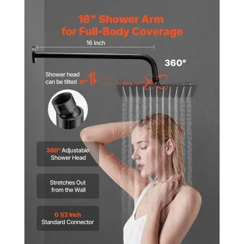 VEVOR Duscharmatur Regenduschsystem fürs Badezimmer Duschsystem mit 254 mm quadratischen Regenduschkopf & Handbrause, wandmontierte Badezimmerarmaturen mit Messingventil & Zierset, Mattschwarz – Bild 3