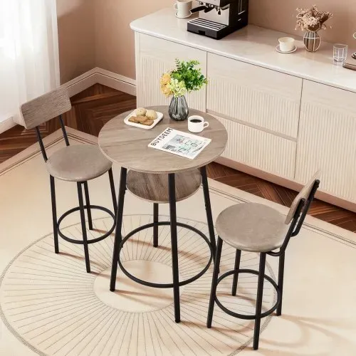 VEVOR Bartisch-Set (3-tlg.) mit 2 Barstühlen & abgerundeten Kanten, runder Kneipentisch Stehtisch (600 x 915 mm), Bistrotisch Esstisch Hellgrau, Schwarz, geeignet für Büro Minibar Frühstücksecke – Bild 7
