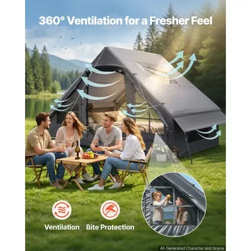 VEVOR Aufblasbares Zelt Campingzelt Luftzelt 2-4 Personen mit Pumpe Grau, für Outdoor-Aktivitäten Wasserabweisendes 420D Oxford-Gewebe Dachfenster Ofenrohrdurchführung Netzfenster & Tragetasche – Bild 4