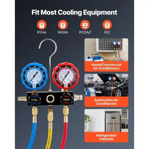 VEVOR AC Klimaanlagen-Manometer-Set für R134a R404A R1234y R22 Kältemittel, 3-Wege-Manometer mit 1,5-m-Schläuchen & Adaptern & Schnellkupplungen & Dosenanschlüssen Geeignet für Kfz-Klimaanlagen – Bild 2