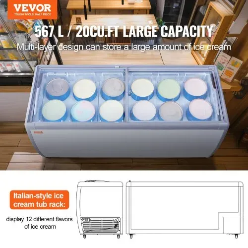 VEVOR Kommerzielle Eiscreme-Vitrine, 567 L Gefriertruhe, Mobiler Tiefkühlschrank mit Glasplatte, Restaurant-Gelato-Tauchschrank mit 12 Großen Behältern, 2 Glasschiebetüren, Feststellrollen, Weiß VEVOR Kommerzielle Eiscreme-Vitrine, 567 L Gefriertruhe, Mobiler Tiefkühlschrank mit Glasplatte, Restaurant-Gelato-Tauchschrank mit 12 Großen Behältern, 2 Glasschiebetüren, Feststellrollen, Weiß