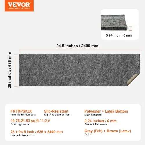VEVOR Teppichbelag, 635x2400mm, Teppichfliesen, schützende Polsterung aus Gummi für Teppiche, 6mm dick – Anti-Rutsch-Matte aus Filz mit doppelter Oberfläche, Bodenbelag, sicher für alle Böden, grau – Bild 6