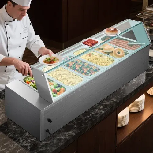 VEVOR kommerzieller Speisenwärmer (6 x 1/3 Größe Behälter), 1,5 kW elektrischer Wärmebehälter aus Edelstahl mit Glasabdeckung & Suppenkelle, Chafing Dishes für Catering Restaurant Party – Bild 7