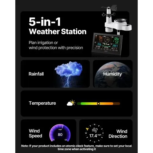 VEVOR 5-in-1-Wetterstation, 7,5-Zoll-Display, solarbetriebener Außensensor, Regenmesser, für Wettervorhersage, Temperatur, Luftfeuchtigkeitsmesser, Windgeschwindigkeit & -richtung (kein WLAN) VEVOR 5-in-1-Wetterstation, 7,5-Zoll-Display, solarbetriebener Außensensor, Regenmesser, für Wettervorhersage, Temperatur, Luftfeuchtigkeitsmesser, Windgeschwindigkeit & -richtung (kein WLAN)
